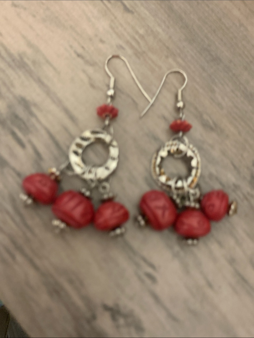 Red Beaded Dangle Earrings - Silver Accent